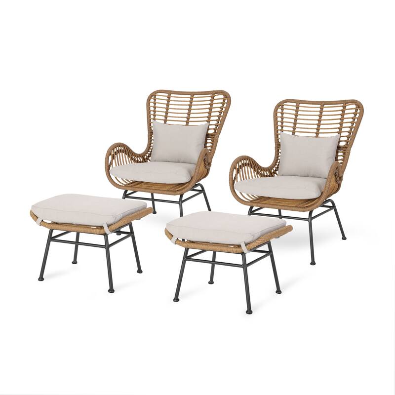 Chalet Outdoor Modern Boho Wicker Chat Set with Ottomans by Christopher Knight Home