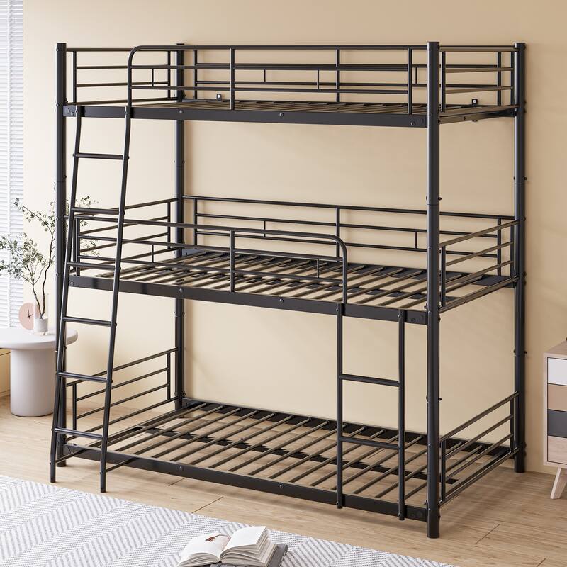 Heavy Duty Metal Triple Twin Bunk Bed with Guardrails, Ladder & Storage, Easy to Assemble