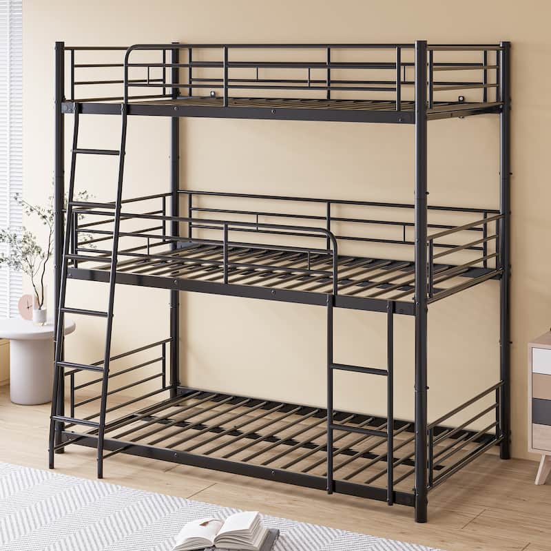 Metal Triple Bunk Bed,Twin Over Twin Bunk Bed for 3, 3 Beds with Guardrail and Ladder, Heavy Duty Triple Bed Frame for Teenagers