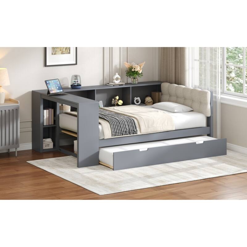 Roomfitters Twin/Full Wood Platform Bed with Trundle, Charging Station and Upholstered Headboard