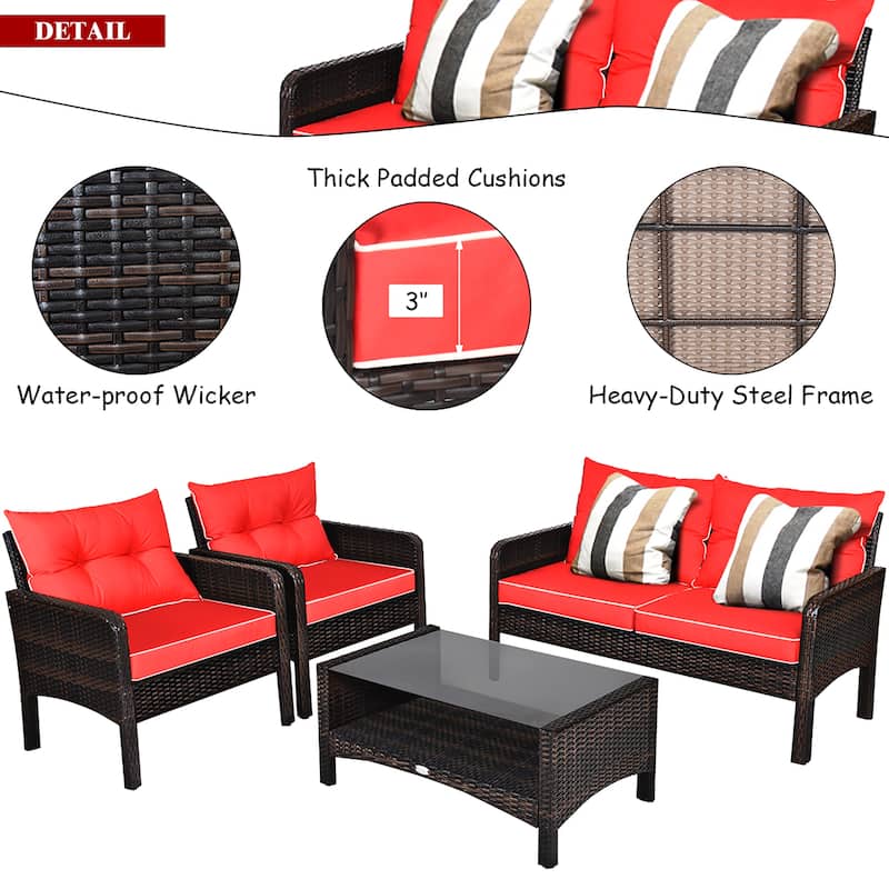 4PCS Patio Rattan Conversation Furniture Set Outdoor Wicker Sofa Set