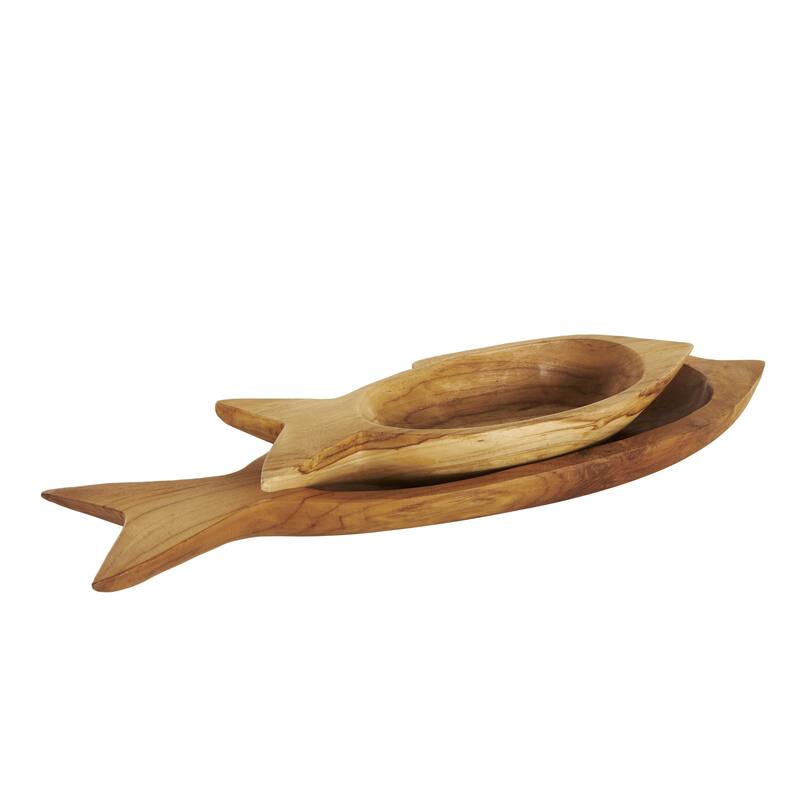 Teak Wood Fish Handmade Carved Living Room Decor Tray - Set of 2 Brown - Roche River Decor