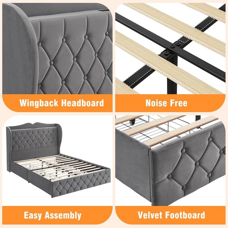 King Size Bed Frame with Charging Station and 4 Storage Drawers