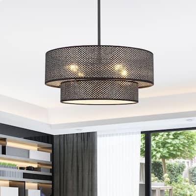 GetLedel 18-in Boho 4-Light Hand Woven Drum Chandelier - 18"