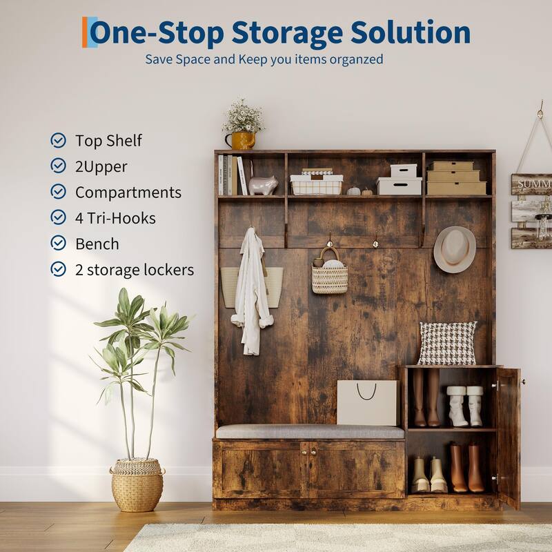 78.7 Inch Tall Hall Tree with Bench and Shoe Storage,Modern Entryway Bench with Coat Rack,4 Hanging Hooks