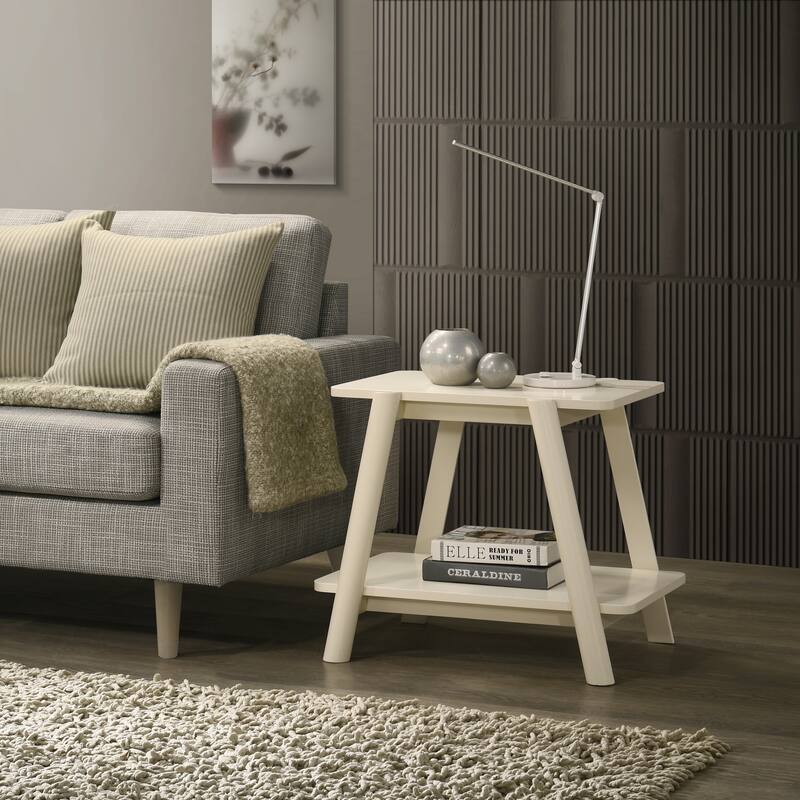 Mid-Century Modern Wood Shelf End Table, Off-White Finish - Off White