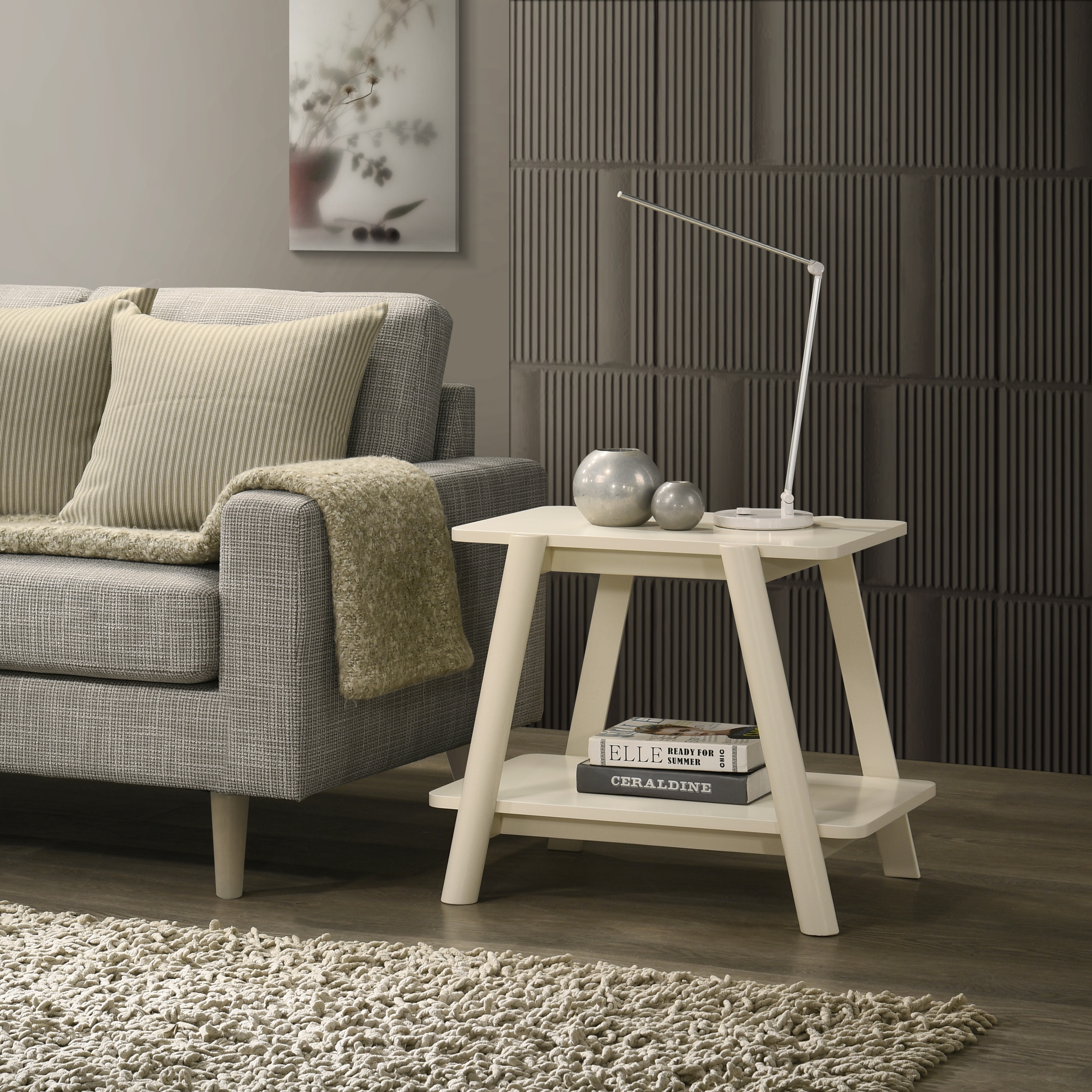 Mid-Century Modern Wood Shelf End Table, Off-White Finish