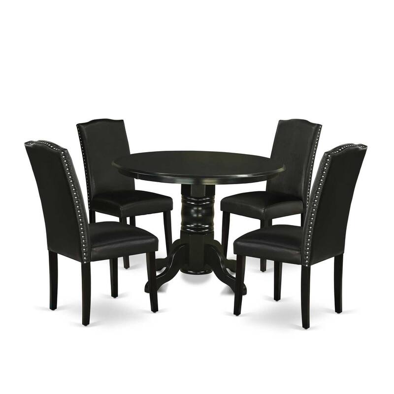 HomeStock 5-Piece Round Black Finish Solid Wood Top Dining Table with 4 Black Faux Leather Upholstered Parson Chairs, Seats 4