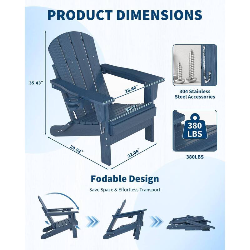 Set of 2 All-Weather HDPE Folding Adirondack Chair For Patios, Decks, Gardens