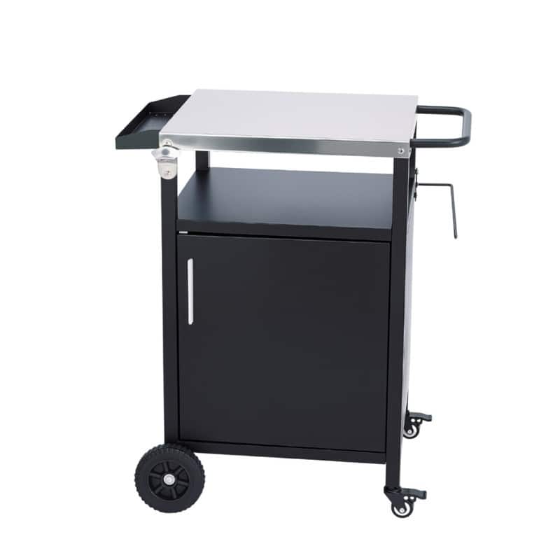 4-Wheel Black BBQ Cart With Stainless Steel Top, Single-Door Cabinet Grill Station - N/A