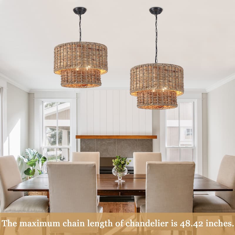 5-Light Farmhouse 2-Tier Candlestick Hanging Linear Chandelier Lighting with Rattan Cover for Dining Room Kitchen Island
