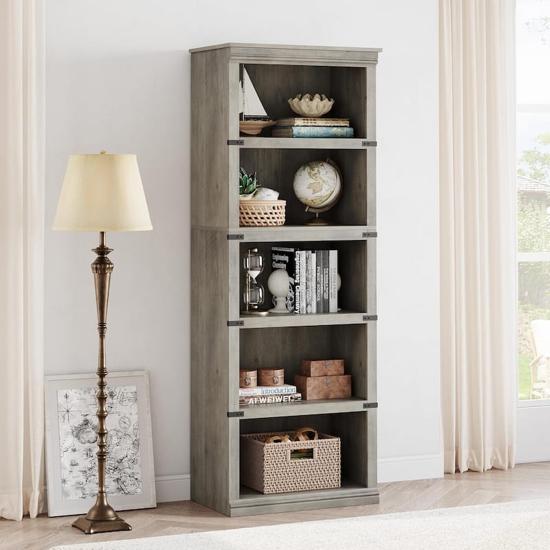 5 Tier Bookcase, Freestanding Wooden Bookshelf Storage Organizer Display Shelf - Grey