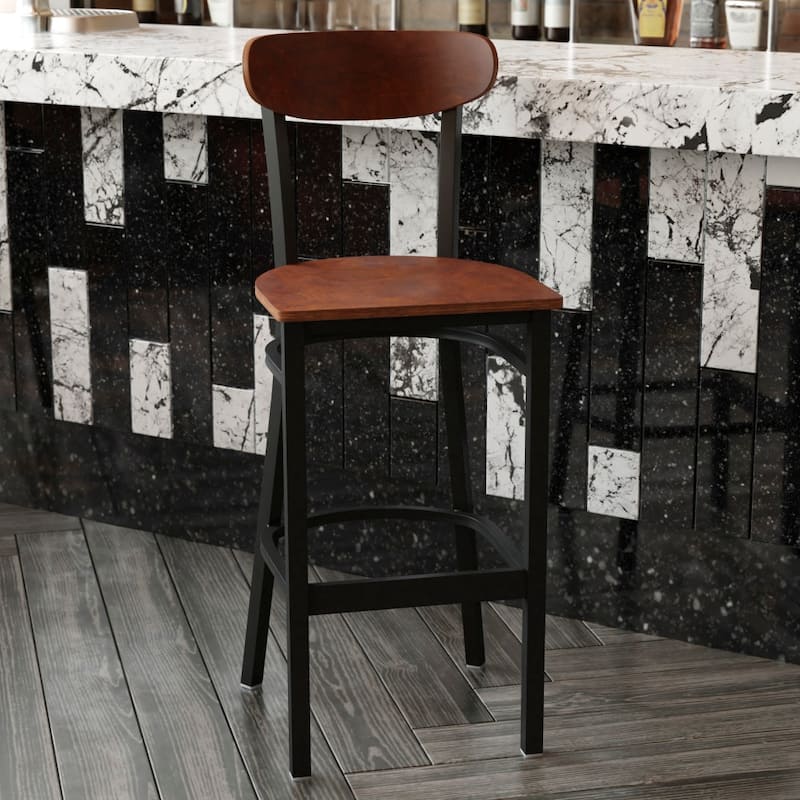 Commercial Metal Barstool with Wood Seat and Boomerang Back