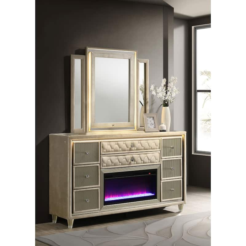 Lorient 8-drawer LED Bedroom Flame Box Dresser Ivory Camel