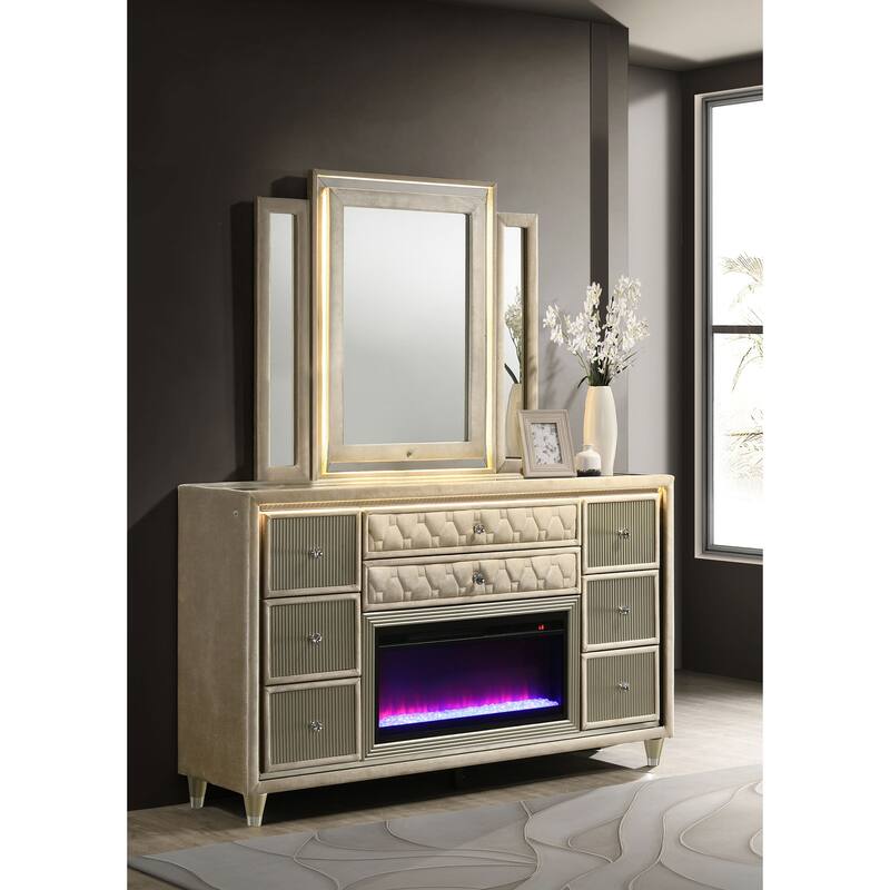 Lorient 8-drawer LED Flame Box Dresser and Mirror Ivory Camel