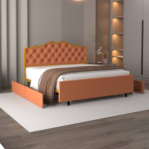 Queen Size Classic Buckle Backrest Bed Frame with 4 Storage Drawers