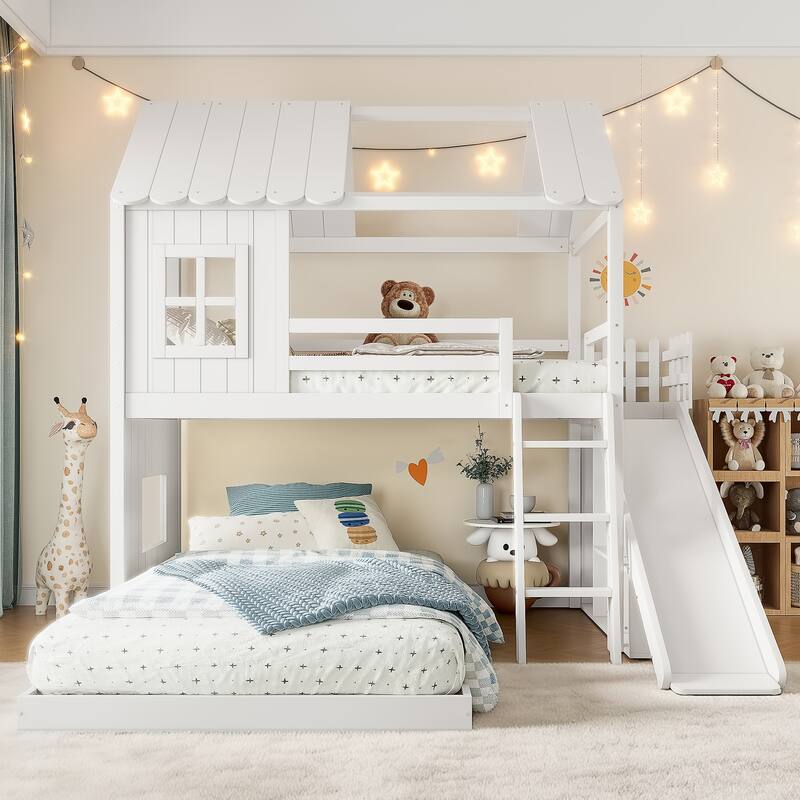 Twin over Full House Bunk Bed with Ladders and Slides, House Floor Bunk Bed with Storage Shelves and Wardrobe