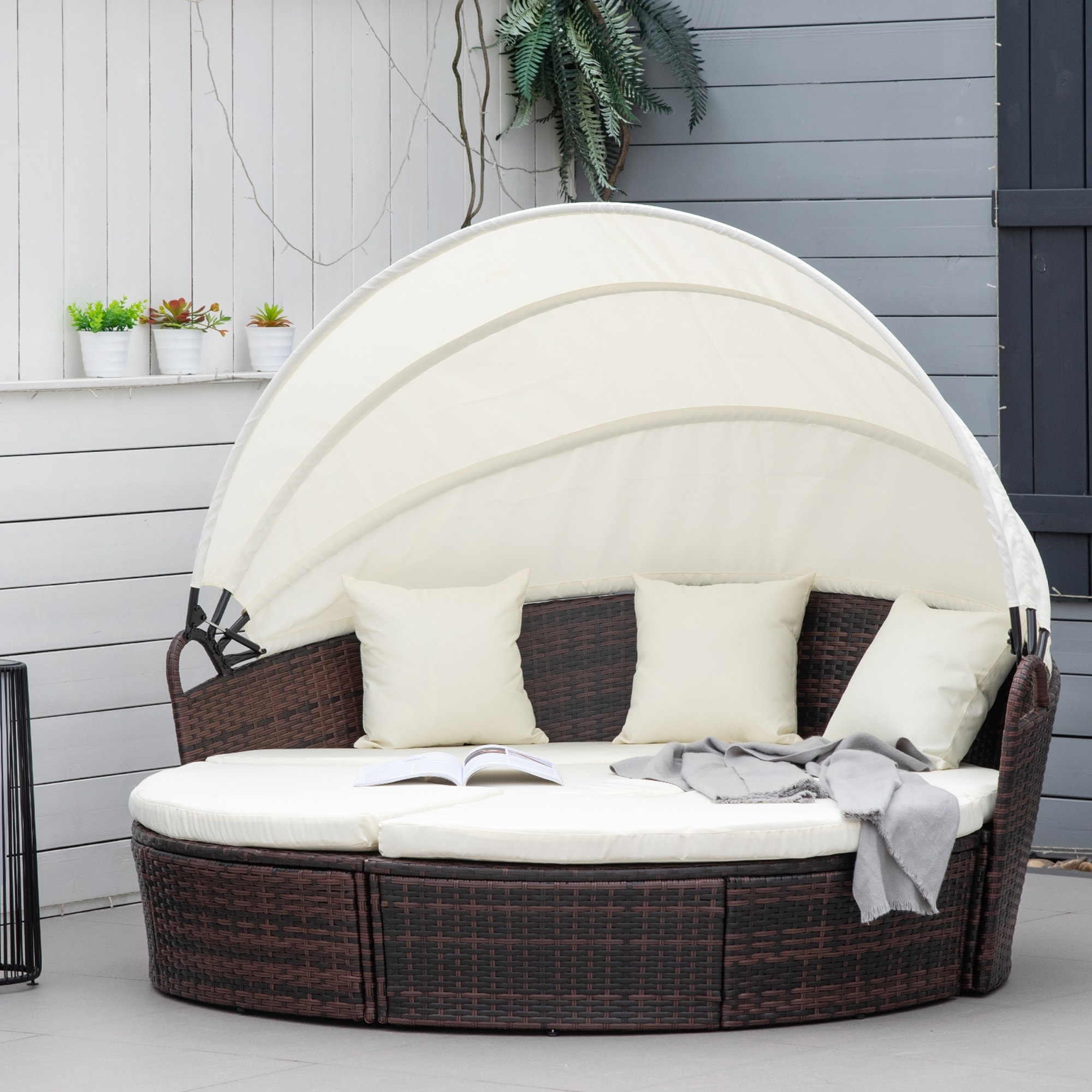 Outsunny 4-piece Cushioned Outdoor Rattan Wicker Round Sunbed or Conversational Sofa Set with Sun Canopy