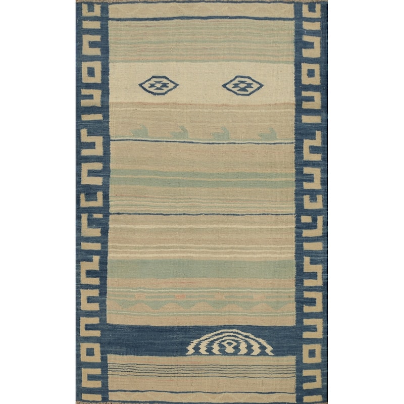 Hand Woven Oriental 100% Wool Carpet Southwestern Tribal Multi-Colored Kilim Area Rug - 4' 7'' X 3' 3''