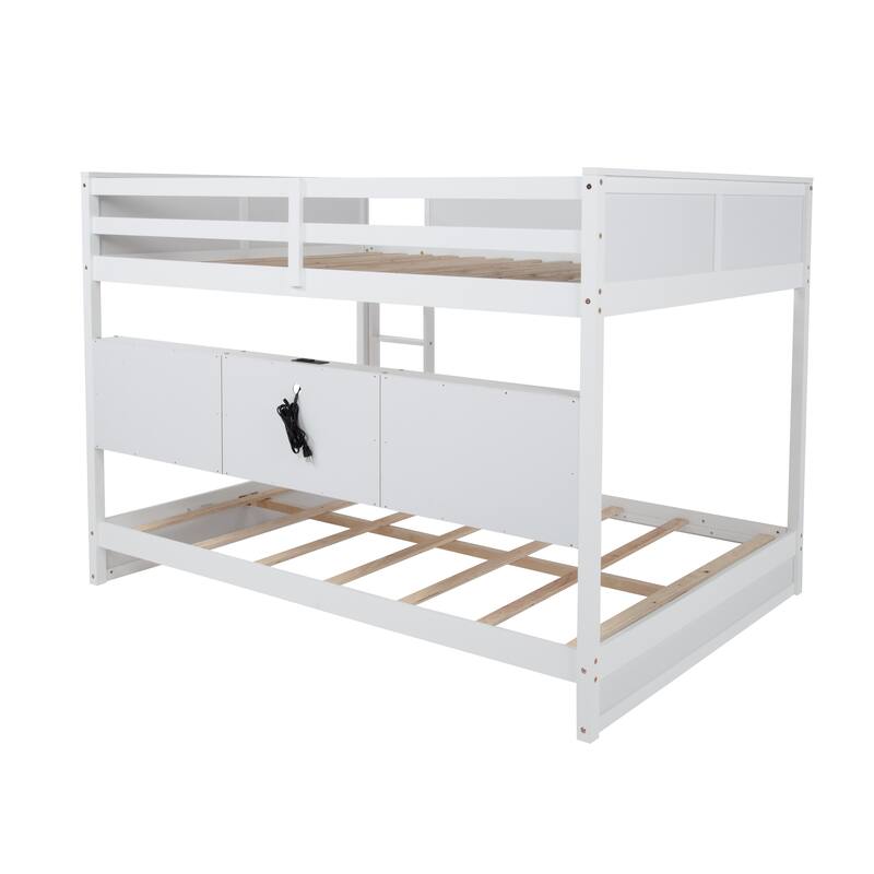 Queen-Over-Queen Pine Bunk Bed with 6 Storage Cabinets, Charging Station and Safety Guardrails