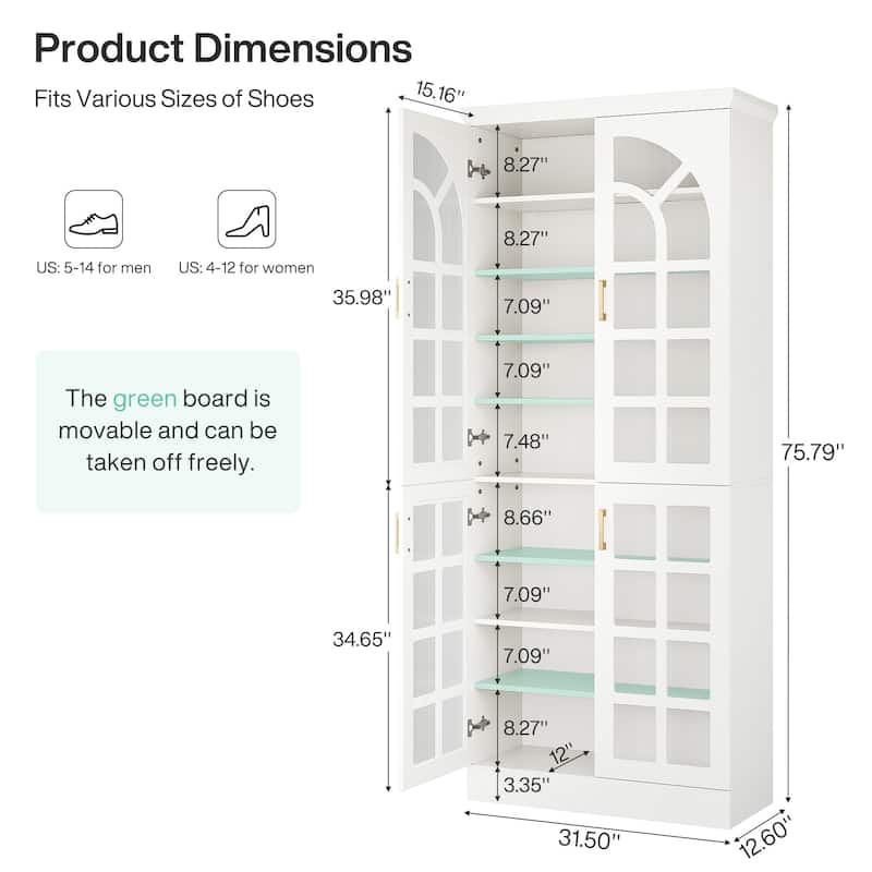 9-Tier Tall Shoe Storage Cabinet with Doors, Led Lights and Adjustable Shelves for Entryway, White