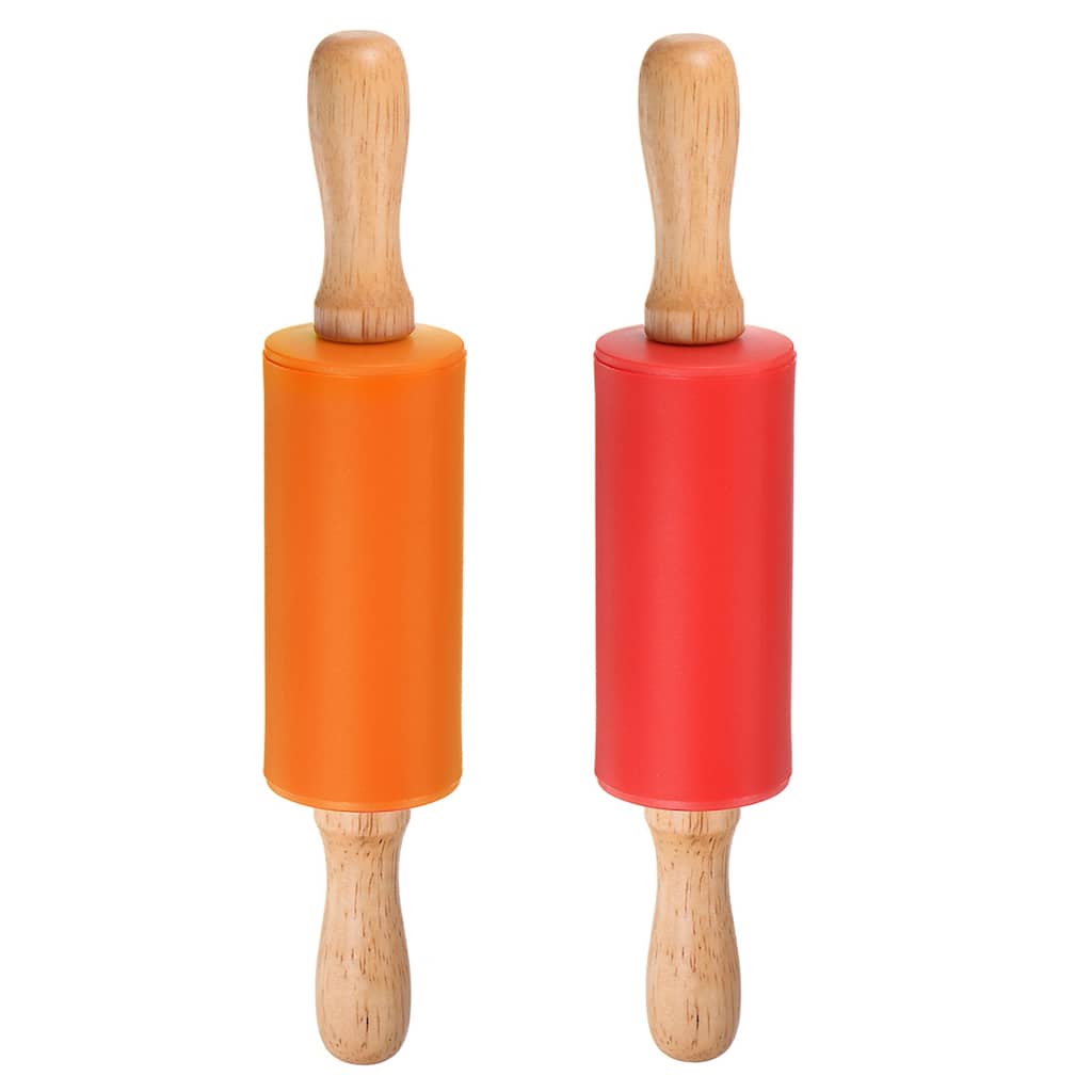 Silicone Rolling Pins for Baking Wood Handle 23.5cm x 4.2cm Red & Orange - Red & Orange