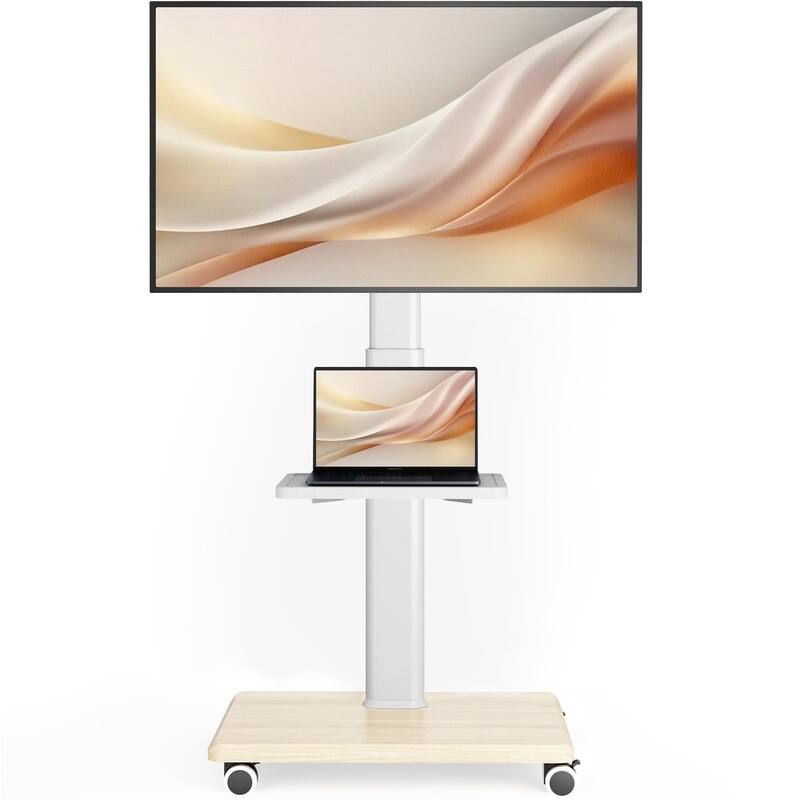 Mobile TV Stand for 27 to 65 Inch TVs, Portable Rolling TV Cart on Wheels - White - Floor TV Stand with Shelf
