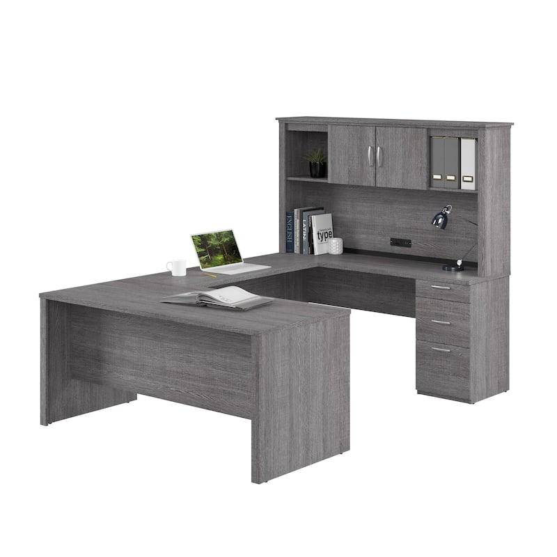 Bestar Logan 66-inch U or L Shaped Desk with Drawers and Hutch - Bark Grey