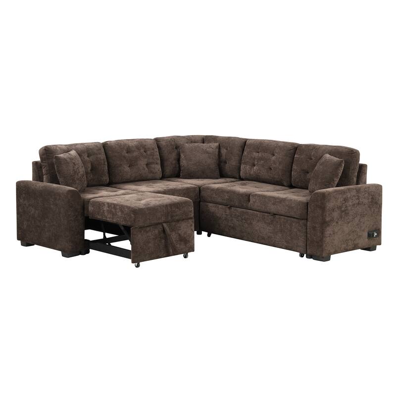 Roomfitters Pull-Out L-Shape Sofa Bed with Wheels, USB Ports, and Power Sockets, Functional Sleeper Sofa for Living Room Comfort