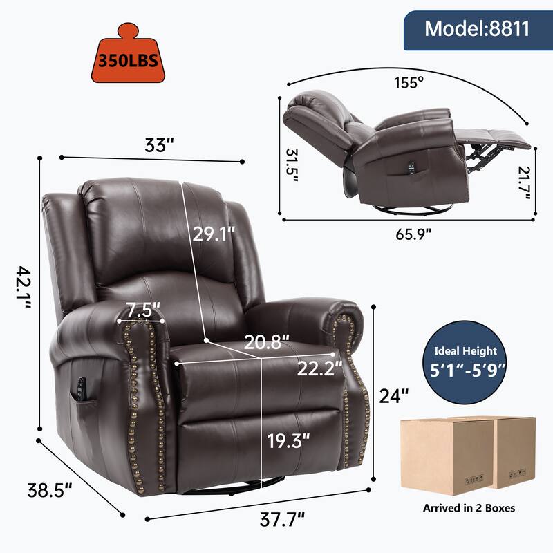 Manual Recliner Chair with Heat & Massage, Ergonomic Lounge Sofa Chair, Swivel Recliner Chair with Side Pocket