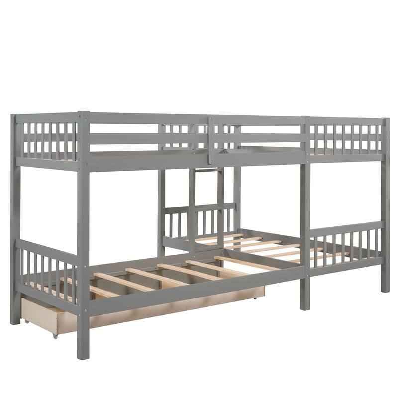 Mission-Style L-Shaped Twin Bunk Bed with Storage Drawers, Durable Pine Wood Frame