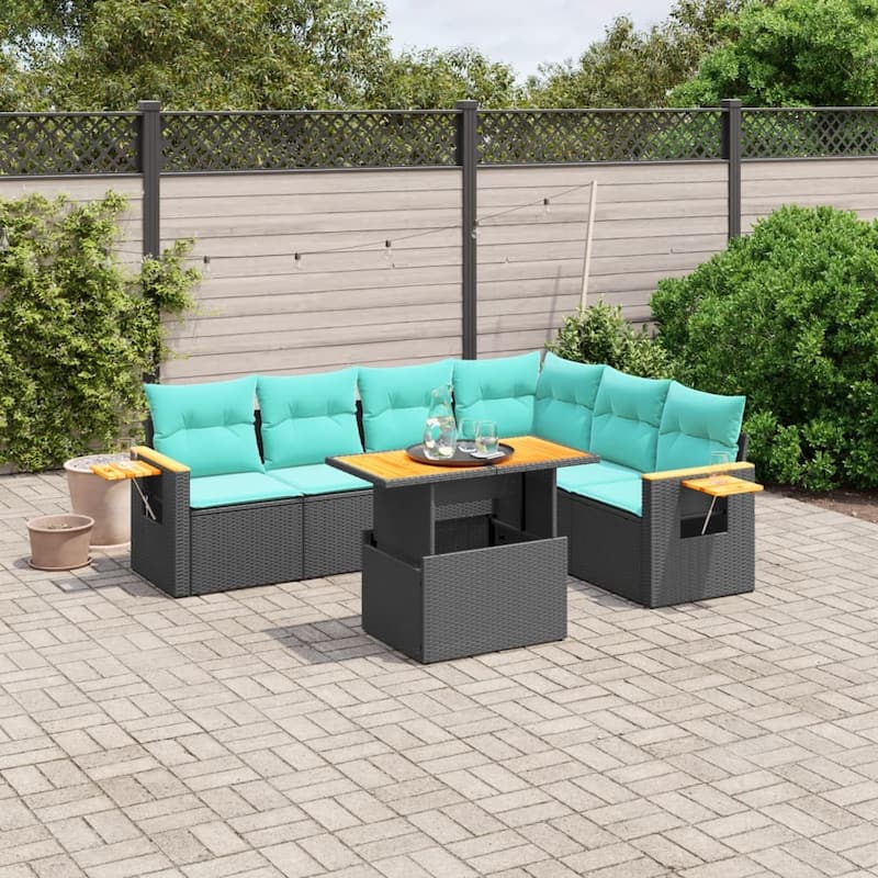vidaXL Patio Sofa Set with Cushions Outdoor Furniture 7 Piece Poly Rattan - 21.7 x 24.4 x 27.2 - Black