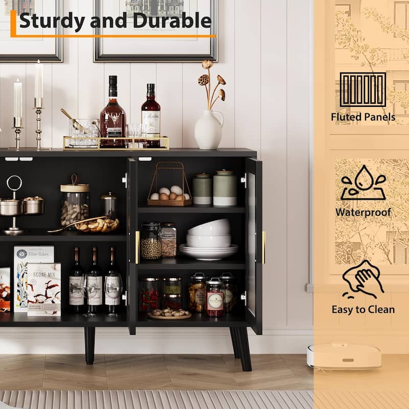 Sideboard Buffet Cabinet, 48" Kitchen Sideboard Cabinet with 3 Fluted Glass Doors Removable Shelves