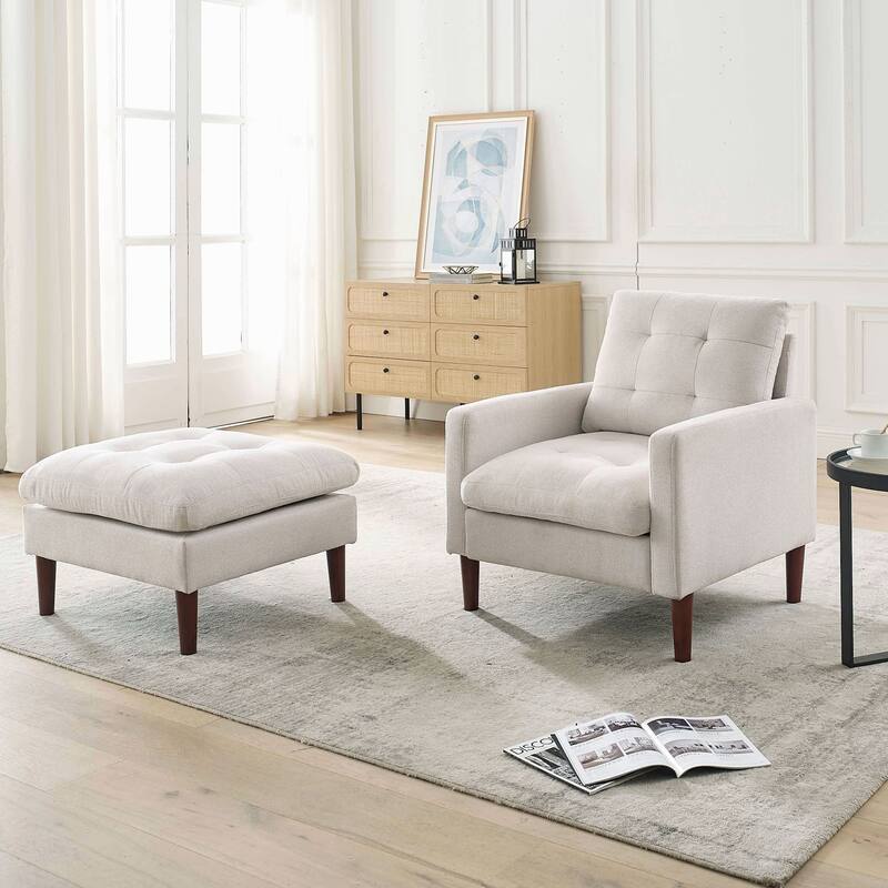 Fabric Single Sofa Chair with Ottoman, Solid Wood Legs - Beige