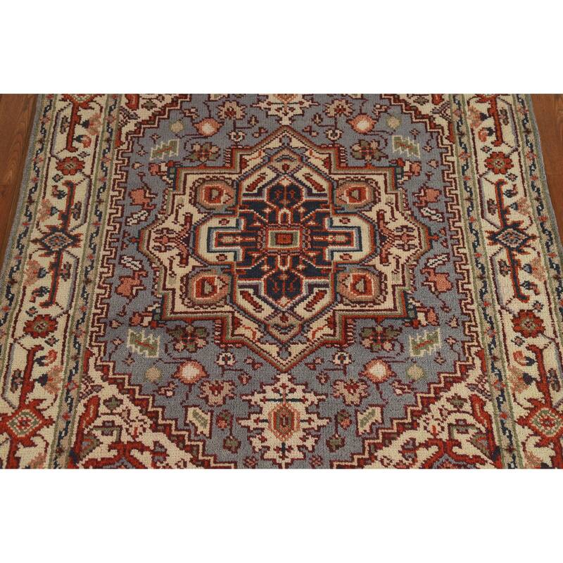 Hand Knotted Oriental 100% Wool Carpet Traditional Medallion Navy Blue & Blues Heriz (serapi) Area Rug - 6' 0'' X 4' 1''