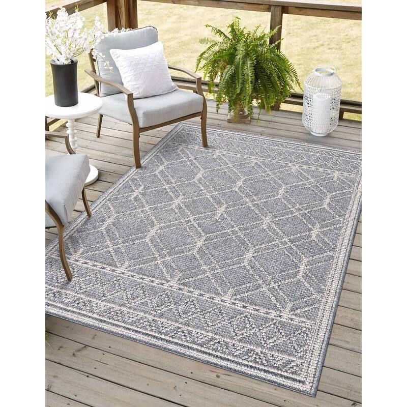 Hauteloom Butch Living Room, Bedroom Patio Outdoor Area Rug - Farmhouse - Taupe,Beige - 2' x 3' - 5' x 7' - Grey, Blue / Diah