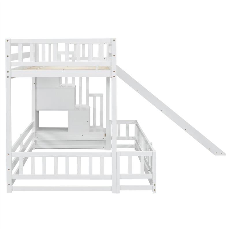 Twin Over Full Multifunctional Kids Bunk Bed Frame with Slide, Wooden Loft Bed with Storage Staircase and Guardrails