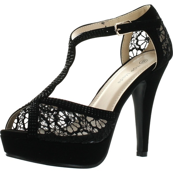 Top Moda Hy-5 Formal Evening Party Lace Ankle T-Strap Peep Toe Stiletto High Heel Pumps