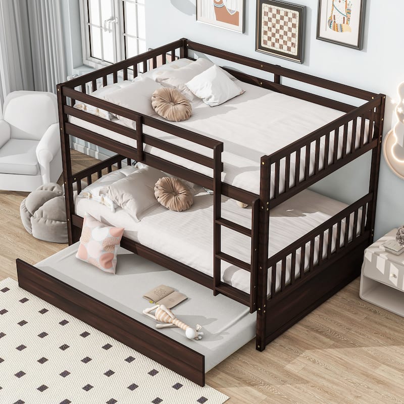 Full Over Full Rubber Wood Bunk Bed: Trundle, Ladder, Guardrails, Convertible to 2 Full Beds + Twin Trundle