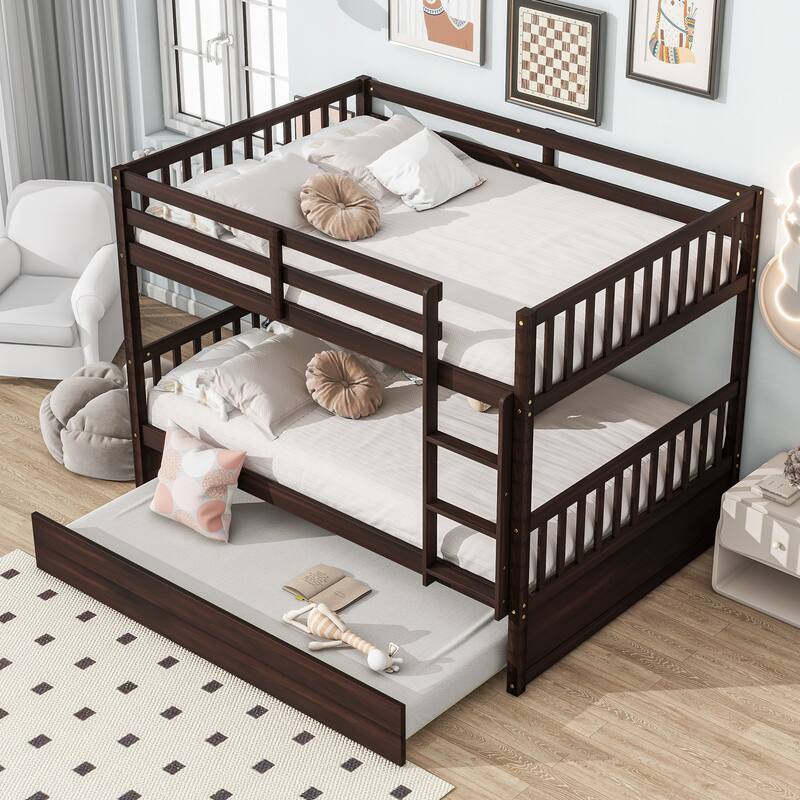 Rubber Wood Full Bunk Bed with Trundle Bed, Convertible Into 2 Separate Beds Frame, Twin over Twin Detachable Bunk Bed Frame