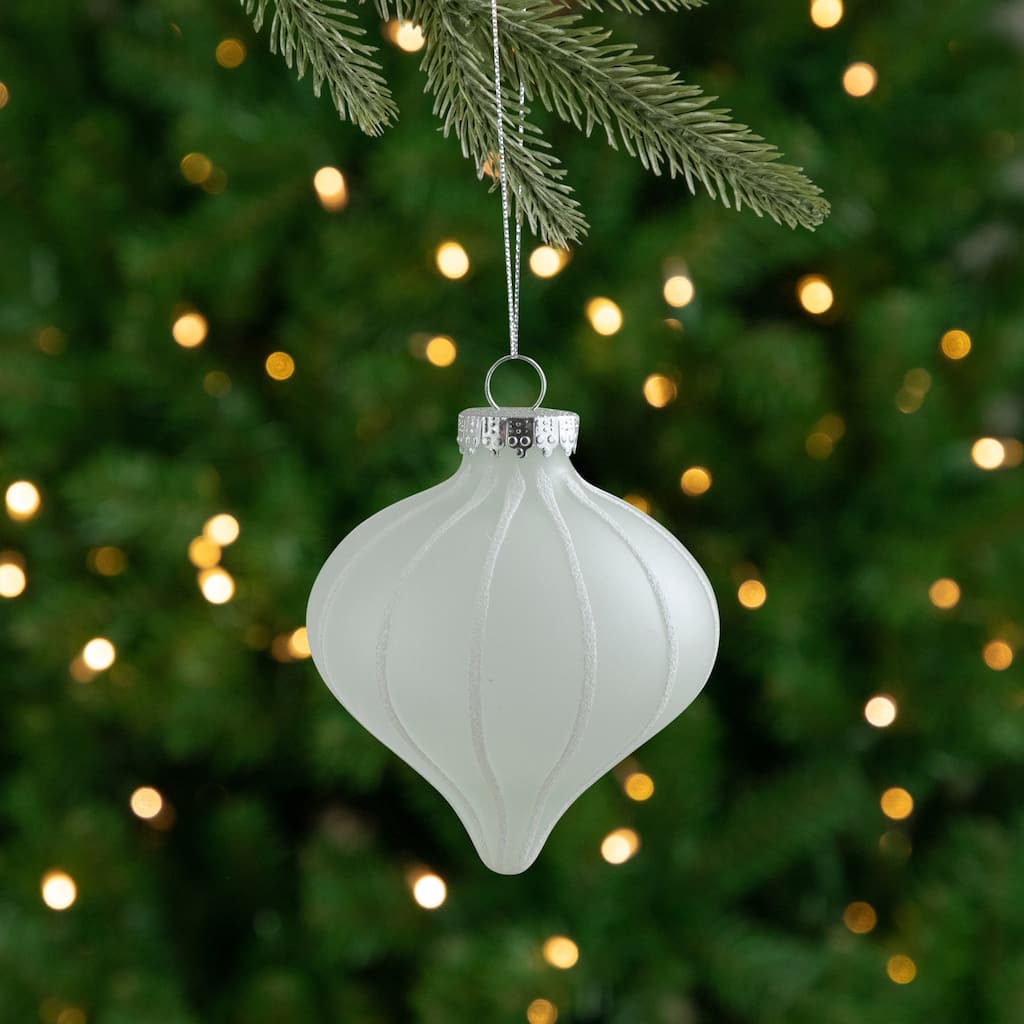 3ct White Matte Stripes Glass Christmas Onion Drop Ornament 3.25"