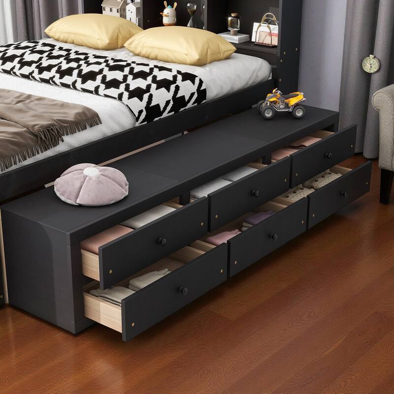 Full Size Wooden Storage Bed with Bookcase Headboard, 6 Drawers, and Bed-End Storage Case