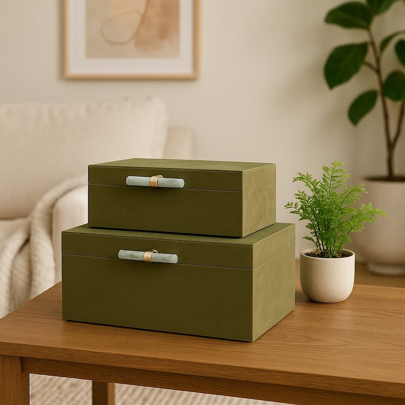 Decorative Rectangular Suede Box with Lid for Home Decor - Set of 2, 14", Green - 14" x 8" x 6"