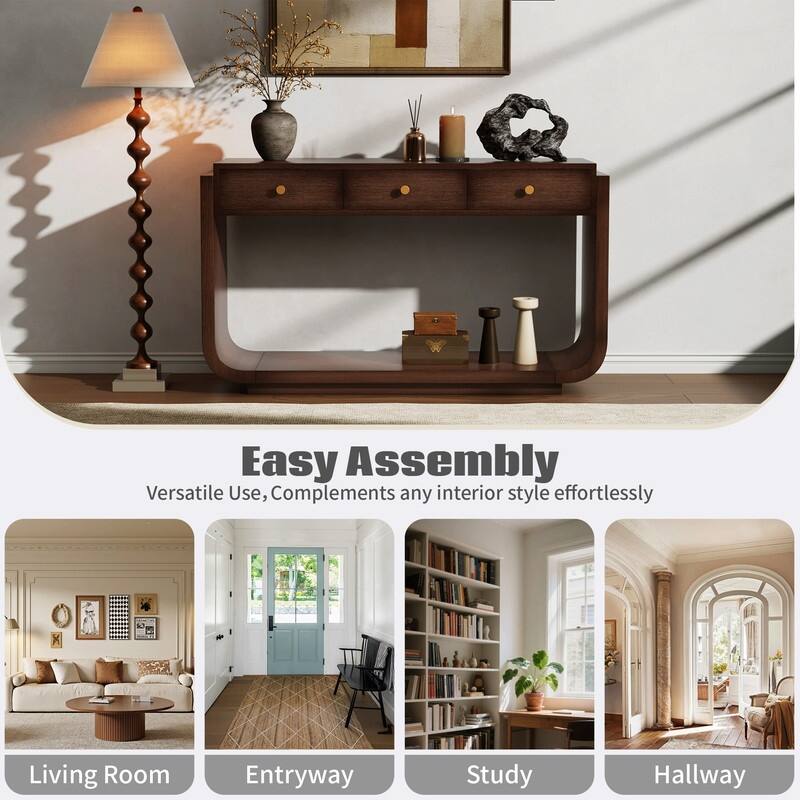 Mid-Century Modern Console Table with 3 Storage Drawers and Display Shelf for Entryway or Living Room Use