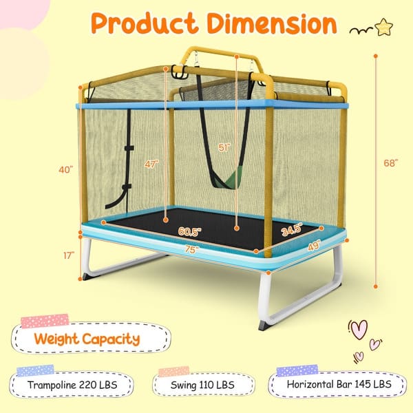 dimension image slide 1 of 2, 6 Feet Rectangle Trampoline with Swing Horizontal Bar and Safety Net-Orange