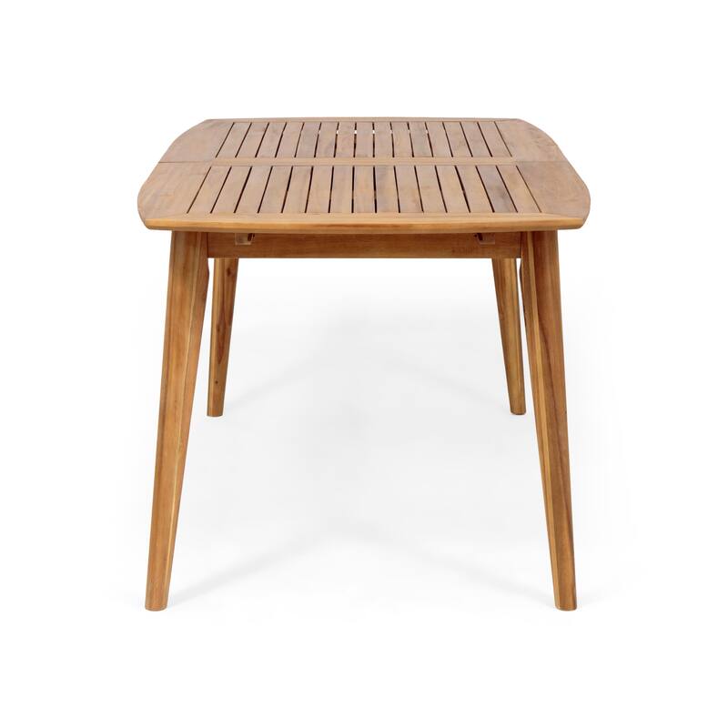 Roomfitters Outdoor Expandable Acacia Wood Dining Table with Tapered Legs and Slat Top, Teak Wood Finish