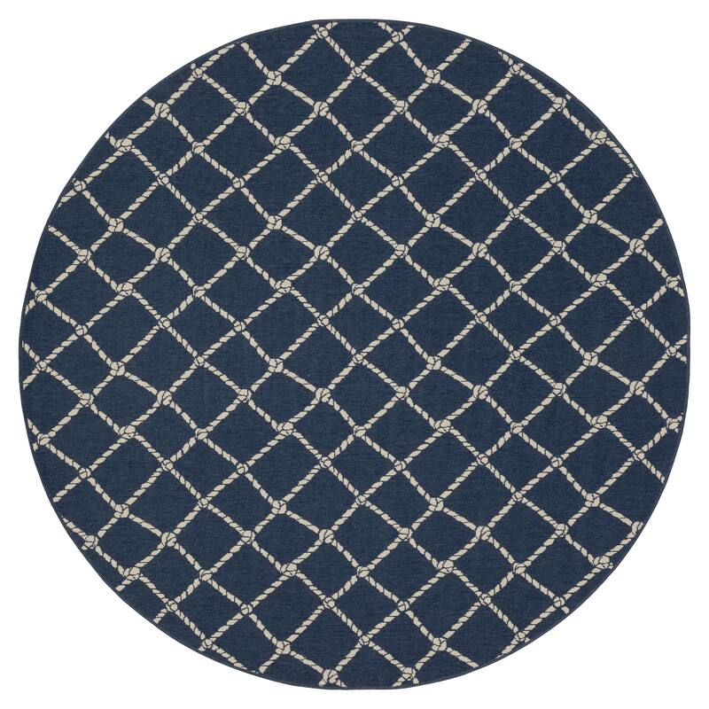 Miramar Nautical Rope Lattice Navy/ Ivory Indoor/Outdoor Area Rug- - 7'10" Round