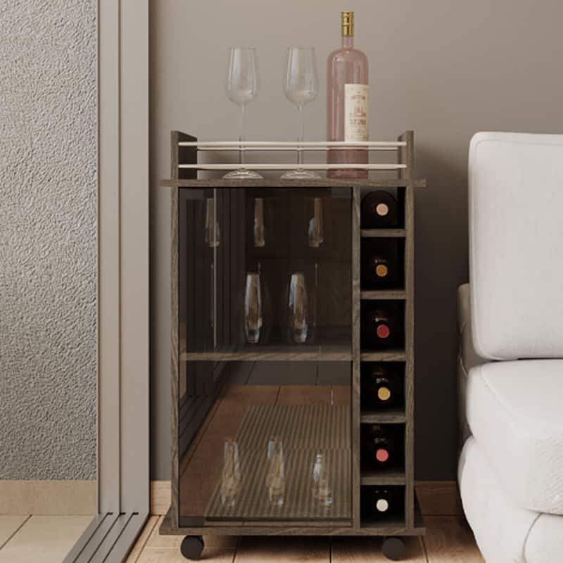 Carbon Espresso Bar Cart with Glass Door, Metal Rail, Two Shelves & Locking Casters - Brown