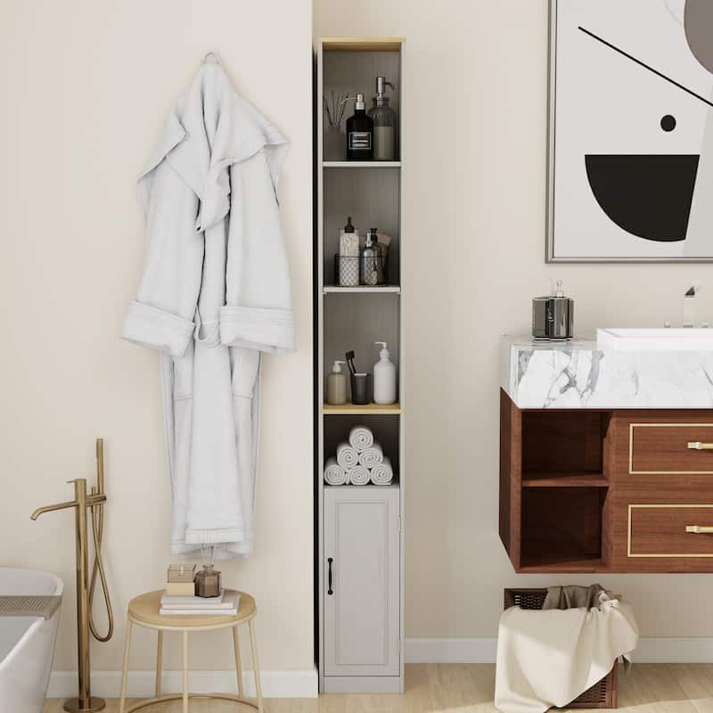 72"Tall Slim Storage Cabinet, 6-Tier Narrow Freestanding Cabinet with 1 Door and 2 Adjustable Shelves, Bookcase Display Shelves