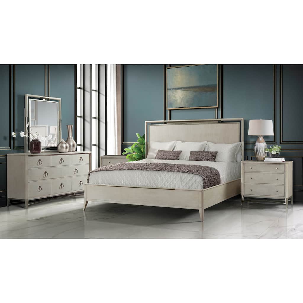 Roundhill Furniture Mantalia Solid Wood Bedroom Set with Metal Frame, Panel Bed, Dresser, Mirror, and 2 Nightstands, Champagne